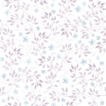 Subtle ditsy flowers and leaves. Seamless pastel floral pattern. Watercolor