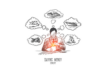 Saving money concept. Hand drawn saving money for vacation, retirement in piggy bank. Person put coin in money box isolated vector illustration.