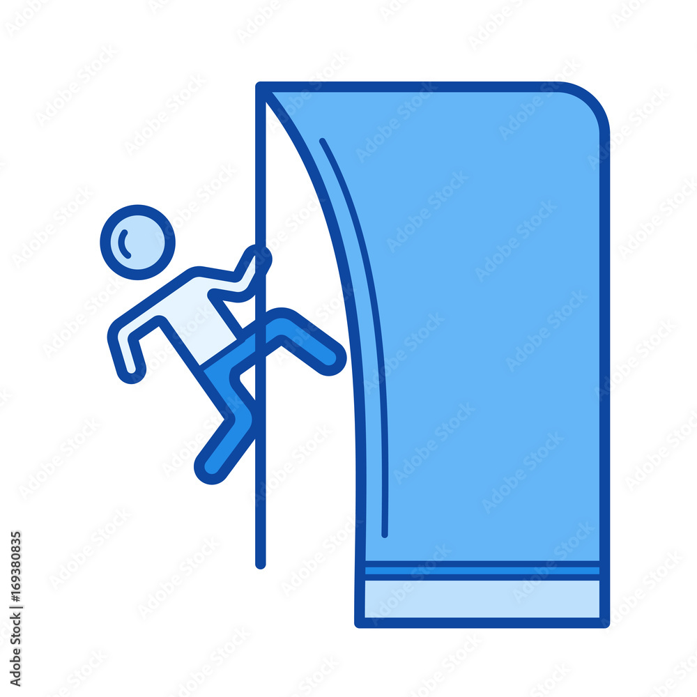 Poster rock climbing vector line icon isolated on white background. rock climbing line icon for infographic