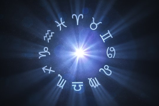 3D rendered illustration of glowing astrology zodiac signs on starry dark background.