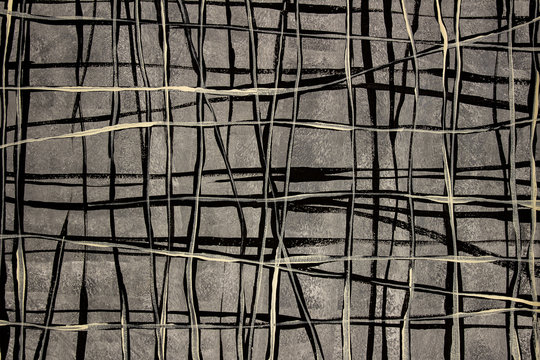 Contemporary, abstract painting of lines. Shades of gray, black, and beige / cream paint on canvas. Large, close up photo.
