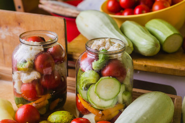 Marinated fresh vegetables canned in bottle