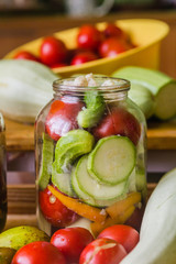 Marinated fresh vegetables canned in bottle