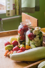 Marinated fresh vegetables canned in bottle