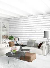 White bedroom minimal style Interior design with wood wall. 3D Rendering. 3D illustration