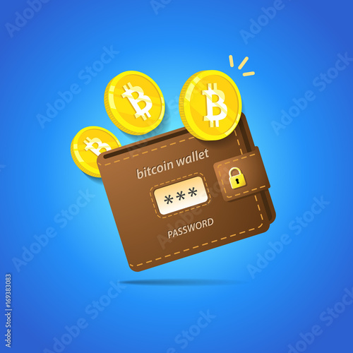 Vector Brown Bitcoin Wallet With Coins Isolated On Blue Backgr!   ound - 