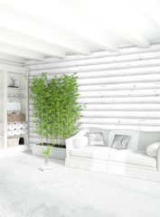 White bedroom minimal style Interior design with wood wall. 3D Rendering. 3D illustration