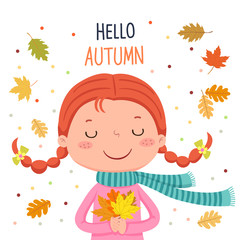 Girl holding autumn leaves. Hello autumn illustration © kankhem