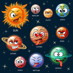 Cute cartoon planets of the solar system. Sun, Mercury, Venus, Earth, Mars, Jupiter, Saturn, Uranus, Neptune, Pluto © alka5051
