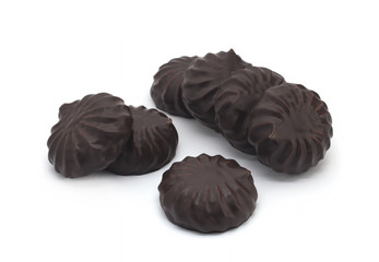 chocolate covered marshmallows on white background