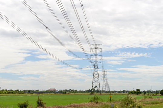 High voltage electricity pylon system, Electricity transmission power lines.