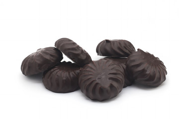 chocolate covered marshmallows on white background