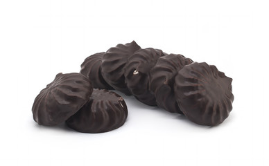 chocolate covered marshmallows on white background
