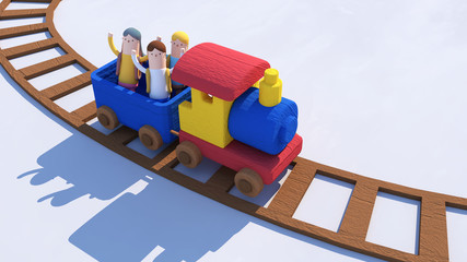 3d rendering picture of cartoon students on a toy train. Back to school concept.