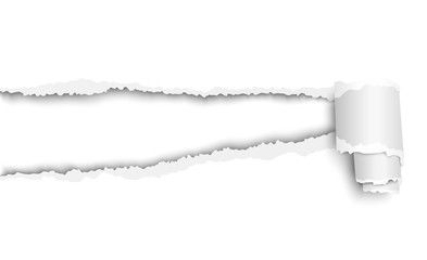 Snatched hole from white sheet of paper with soft shadow, white background of the resulting window and paper curl. Vector illustration.
