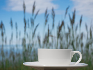 Relax time, empty white cup  with sky grass  bokeh background outdoor  in morning sun light. Copy space. Breakfast concept.