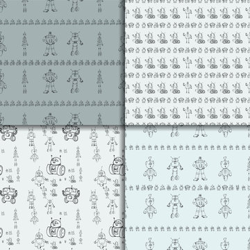Robot doodles pattern set.