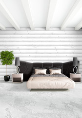 White bedroom minimal style Interior design with wood wall and dark sofa. 3D Rendering. 3D illustration