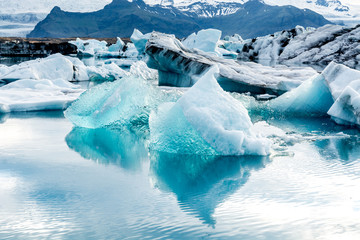 Floating icebergs in the glacial lake Jokulsarlon in Iceland
