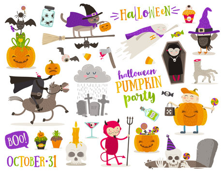 Set of halloween sign, symbol, objects, items and cartoon characters. Vector illustration.