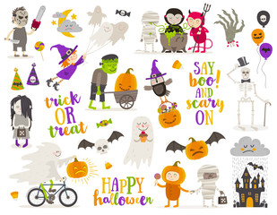 Set of halloween sign, symbol, objects, items and cartoon characters. Vector illustration.