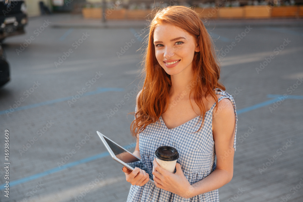 Sticker pretty young girl holding pc tablet and cup of coffee