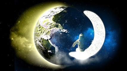 Drawing on clothes astronaut looks at the earth from the moon Elemen ts of this image furnished by NASA 3d render