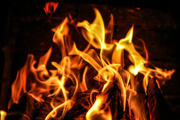 Fire burning inside a brick stove - wood, ash, flames.