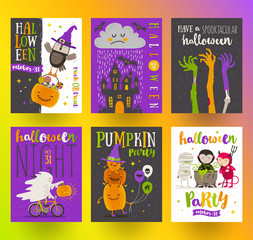 Fototapeta premium Set of Halloween posters or greeting card with cartoon characters, holiday sign, symbols and type design. Vector illustration.