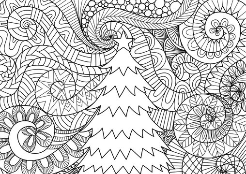 Storm flow and christmas tree line art design for cards and adult coloring book page.