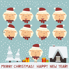 Obraz na płótnie Canvas Merry christmas and Happy new year! Set face sheep for christmas and new year design. Collection isolated heads of sheep in cartoon style.