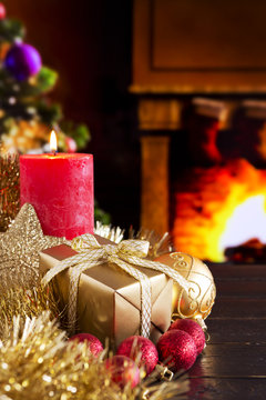 Christmas scene with fireplace and Christmas tree