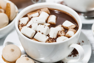 cups of hot chocolate with marshmallows, closeup