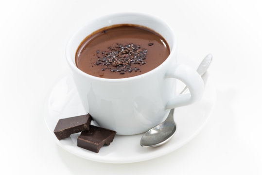 hot chocolate in a cup, closeup, top view