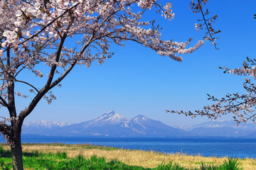 春の磐梯山と猪苗代湖（郡山市・湖南町）