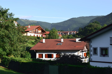 Fototapeta na wymiar Paisajes y prados verdes con casas.