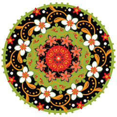 colorful round pattern with bright flowers in traditional Russian style