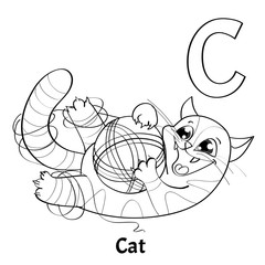 Vector alphabet letter C, coloring page. Cat