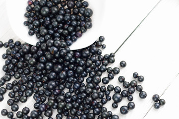 Many fresh ripe blackcurrant in white bowl and scattered on old white rustic wooden planks