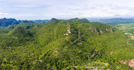 Aerial view of television transmission station on the mountain