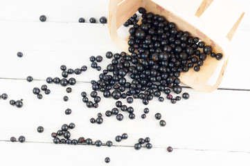 Many fresh ripe blackcurrant poured out of wooden wicker basket on old white rustic wooden planks