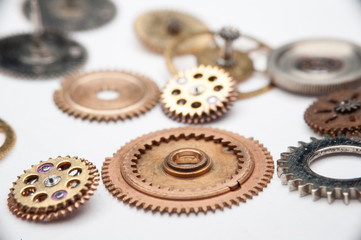 Detail of watch machinery on the table.