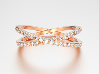 3D illustration rose gold two shanks diamond ring with reflection