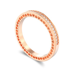 3D illustration isolated rose gold eternity band ring with diamonds and hearts with shadow