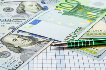 Background with money. American one hundred dollar bills. Euro banknotes. A ballpoint pen next to the bills. Money. Currency.