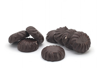 chocolate covered marshmallows on white background