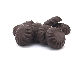 chocolate covered marshmallows on white background