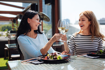 Positive joyful women clinking their glasses
