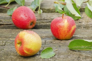 Three apples with water drops