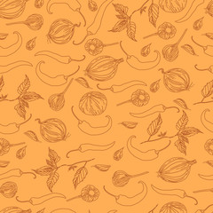 Monochrome,vegetable seamless pattern, realistic sketch style,pepper,onion, garlic,branchy basil,brown color outline on an orange background.Beautiful food background.